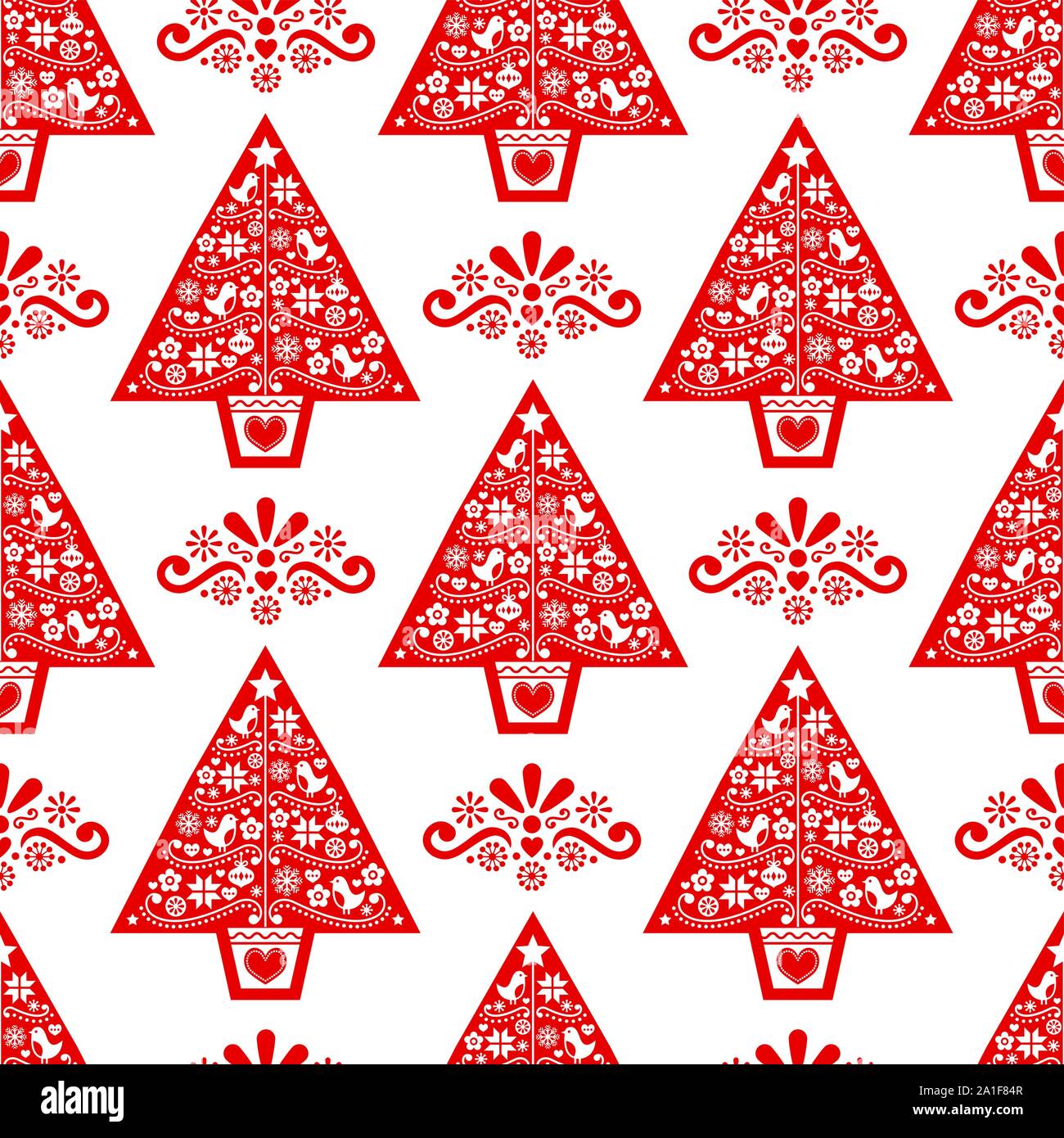 Albero di natale arte popolare vector seamless pattern- uno stile Scandinavo con uccelli, fiori e fiocchi di neve Illustrazione Vettoriale