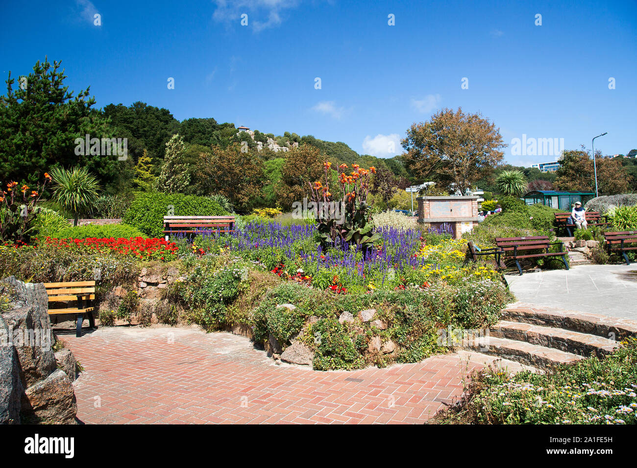 La colorata Winston Churchill Memorial Gardens at St Brelades, Jersey, Isole del Canale Foto Stock