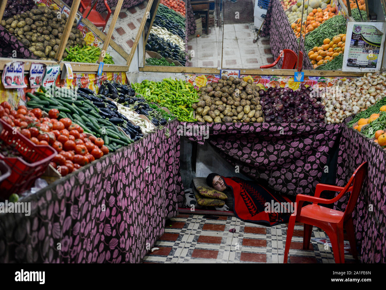 Egitto, oasi El-Wahat el-Bahariya, Bawiti, negozio di vegetali, dormendo venditore al 5 AM / AEGYPTEN HA, Oase Bahariyya, Bawiti, Gemuese Laden Foto Stock