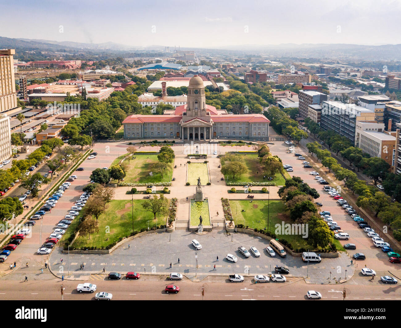 Vista aerea di Tshwane city hall nel cuore di Pretoria, Città Capitale del Sud Africa Foto Stock