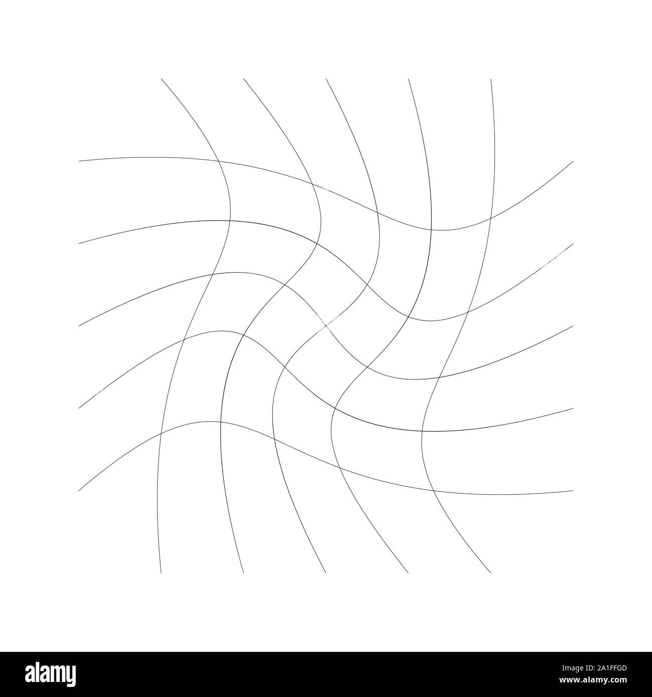 Griglia, mesh di linee con spirale circolare, twist, roll effetto. Whorl, whirl, idromassaggio modello di linee perpendicolari. Motivo a scacchi con rotazione Illustrazione Vettoriale