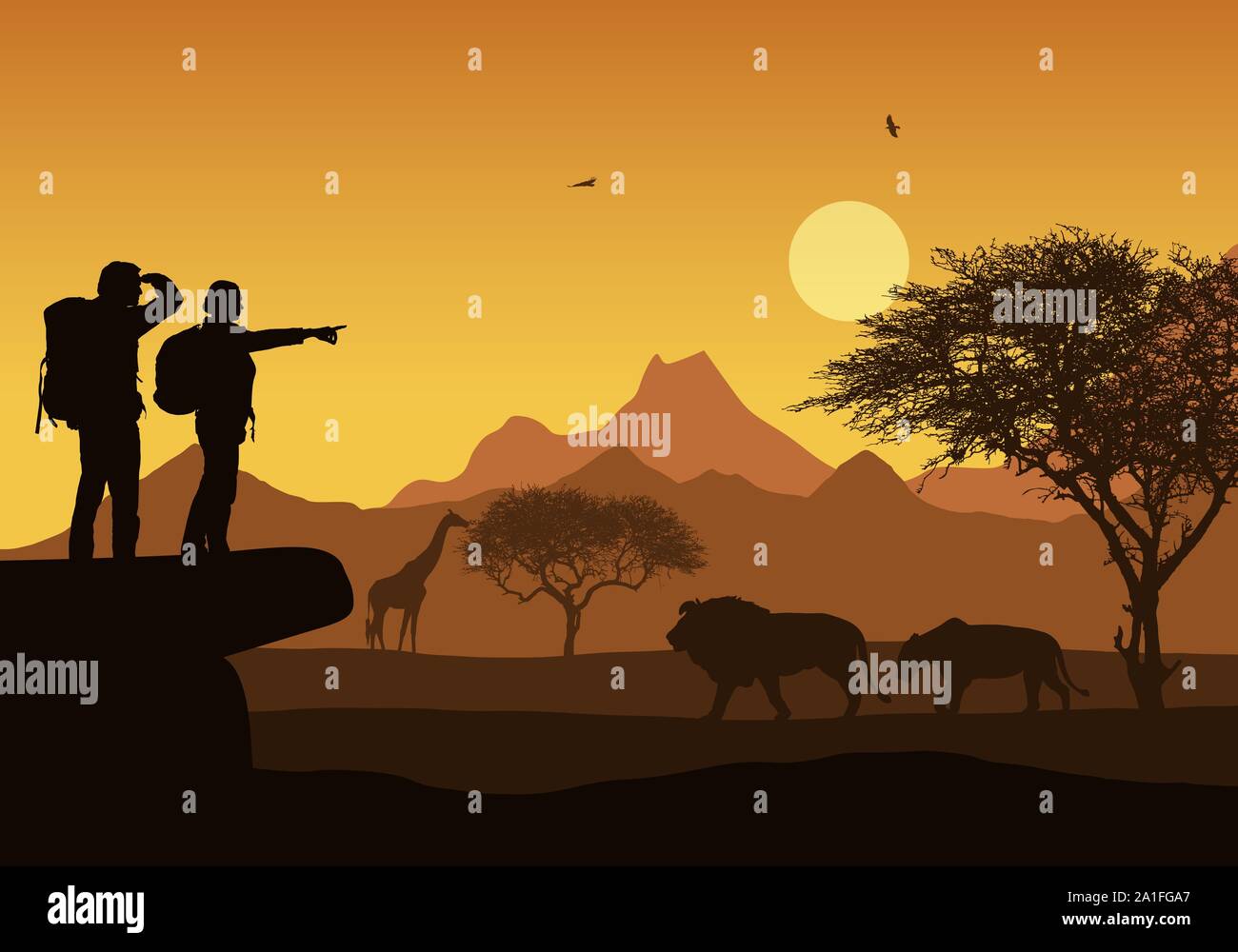 Illustrazione realistica di African Safari con il paesaggio di montagna e gli alberi, Lion e giraffe e volo di uccelli. Due escursionisti con zaini, uomo e donna Illustrazione Vettoriale