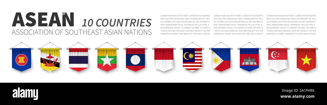 ASEAN . Associazione delle nazioni del sud-est asiatico . e bandiere di appartenenza . 3D realistici pennant appeso design . Bianco sfondo isolato e sud est Illustrazione Vettoriale