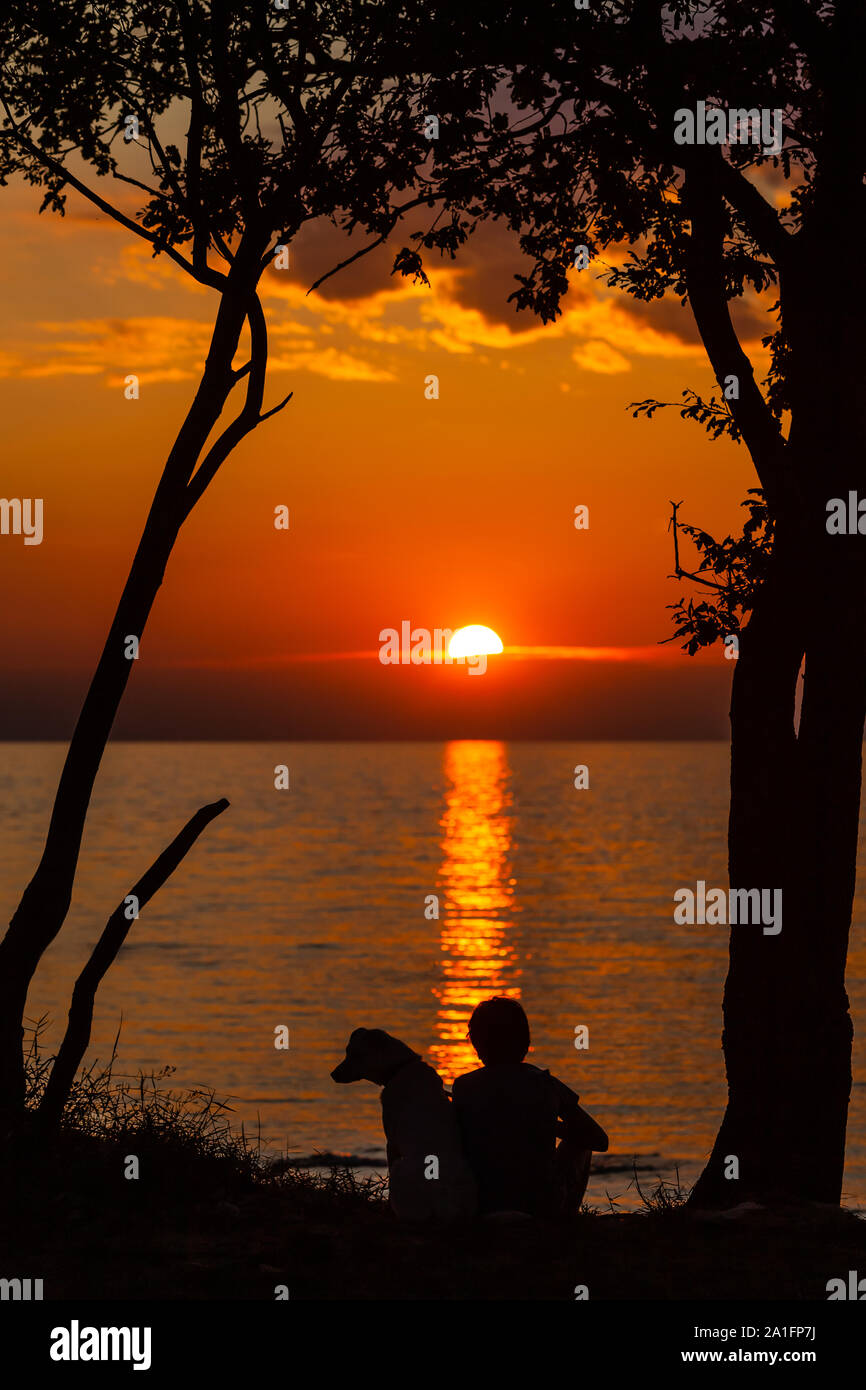 Silhouette di un ragazzo con il suo cane che sono seduti e guardare il tramonto al mare Foto Stock