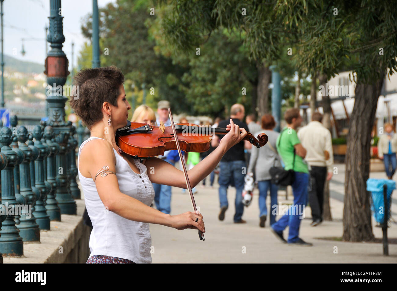 Violinista nella duna Korzo, piacevole Passeggiata nella Budapest, Ungheria Foto Stock