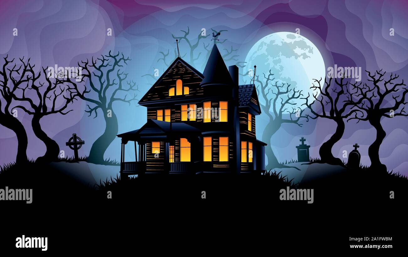 Vecchio haunted house con le luci gialle sul circondato da sagome di alberi con un cimitero dietro con grande luna bianca dietro al di sopra del cielo viola con la nebbia Illustrazione Vettoriale