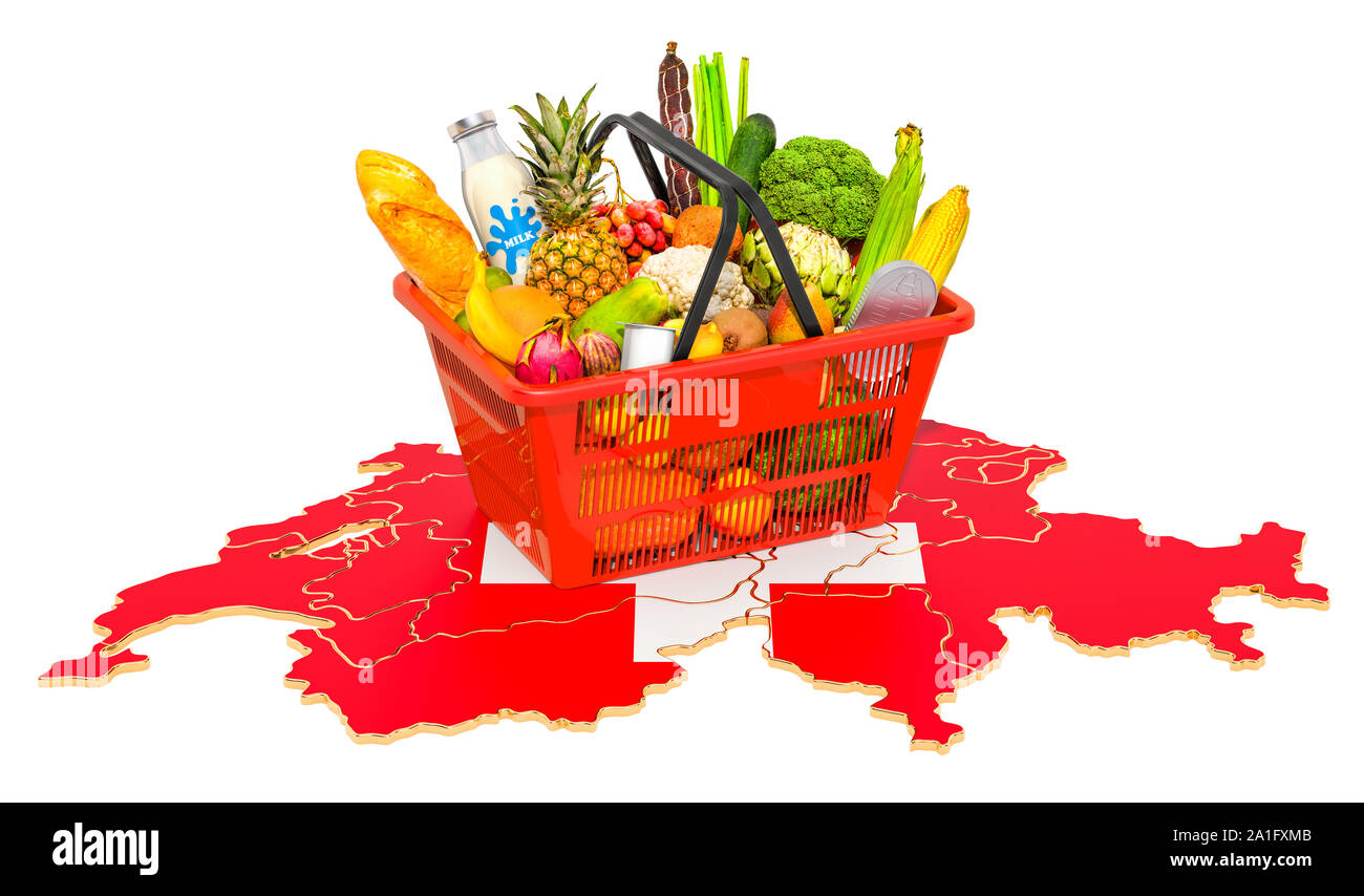 Cestello di mercato o il potere di acquisto in Svizzera concetto. Carrello con Swiss Map, rendering 3D isolati su sfondo bianco Foto Stock