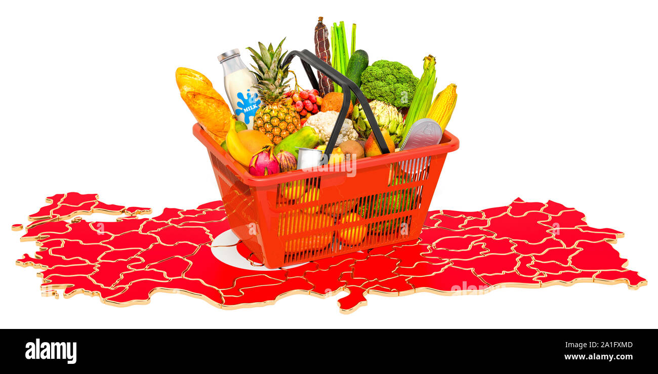 Cestello di mercato o il potere di acquisto in Turchia nozione. Carrello con bagno turco, mappa 3D rendering isolati su sfondo bianco Foto Stock