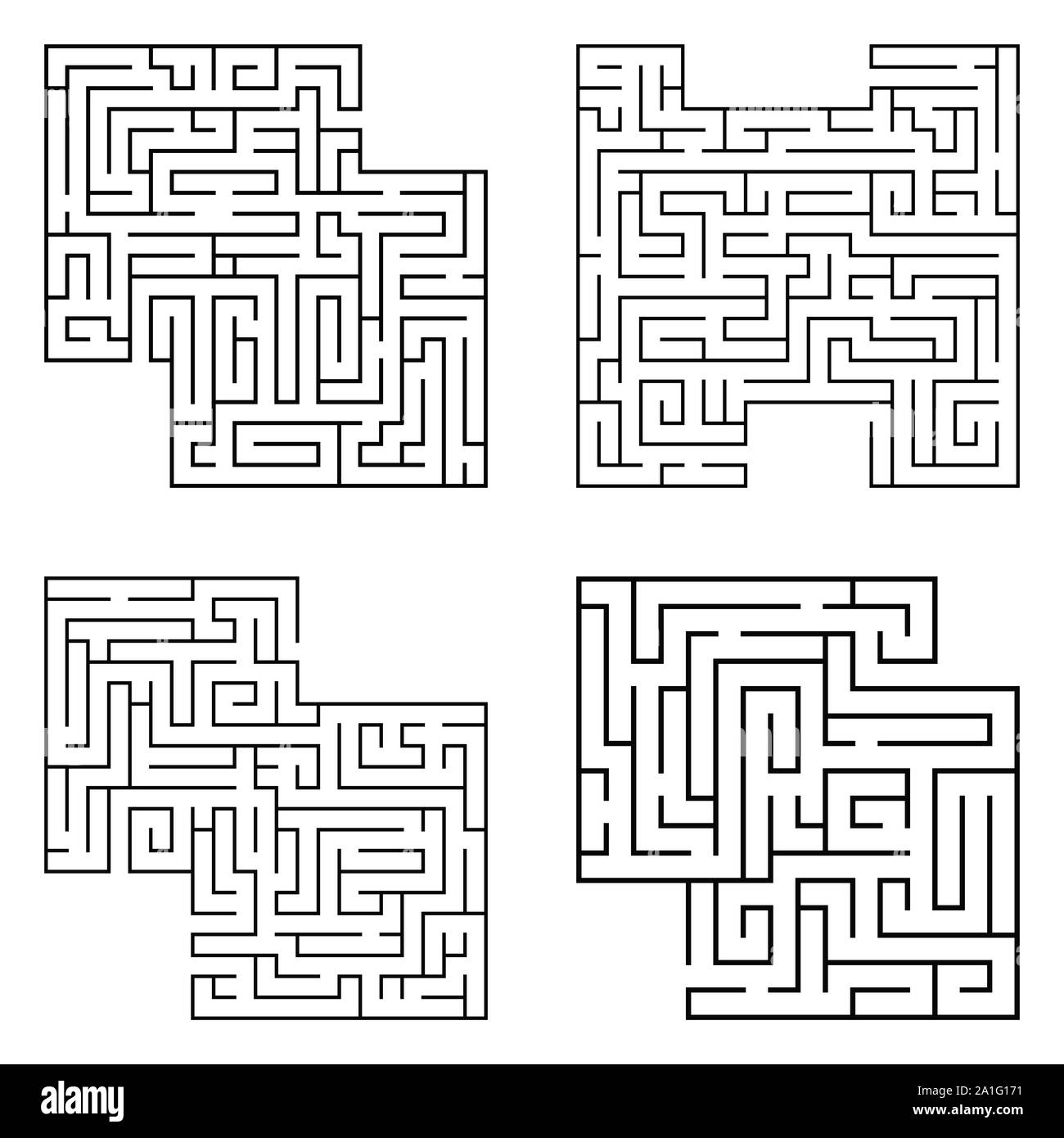 Set di quattro solated labirinti nero, labirinto inizio complessità su sfondo bianco. Illustrazione Vettoriale