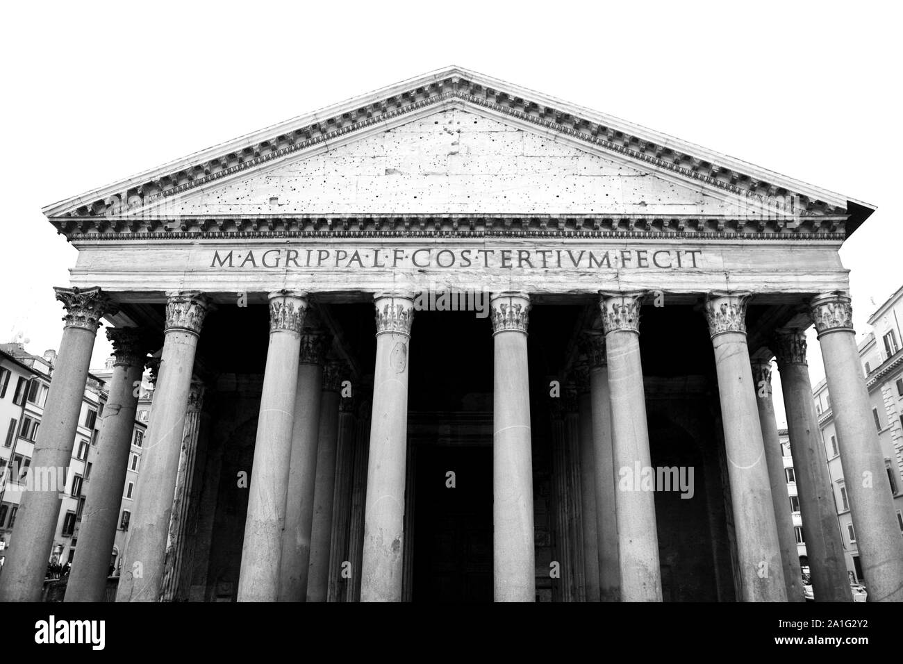 Facciata di Marco Agrippa Pantheon di Roma. La fotografia in bianco e nero. Foto Stock