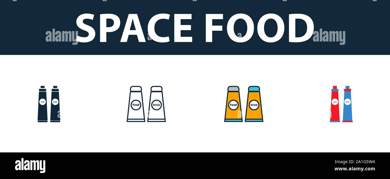 Spazio Alimentare icon set. Quattro simboli semplici in diversi stili di spazio dalla raccolta di icone. Spazio Creativo icone alimentare riempito, contorno, colorata e piatto Illustrazione Vettoriale