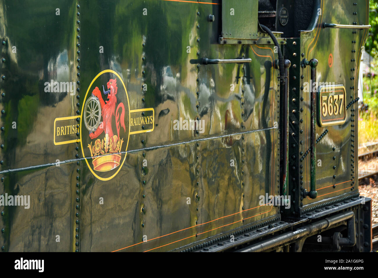 CRANMORE, Inghilterra - Luglio 2019: British Railways logo sul lato di un restauro di un motore a vapore in attesa alla stazione Cranmore sulla East Somerset Railway. Foto Stock