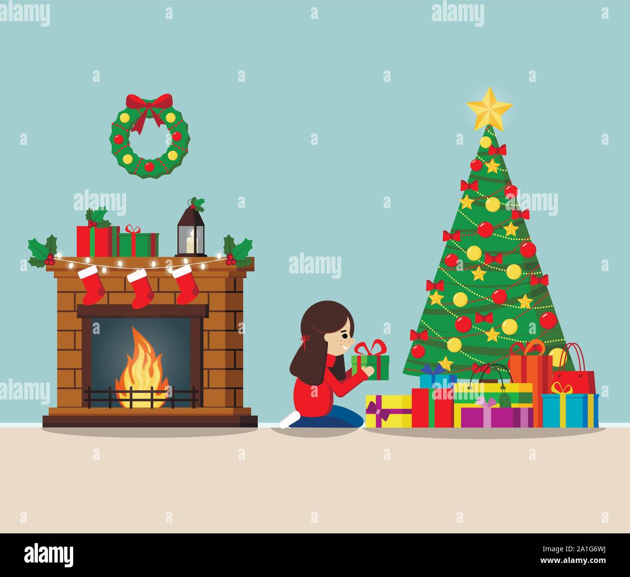 Biglietto di auguri con albero di Natale decorato e doni sotto l'albero, camino. Illustrazione Vettoriale