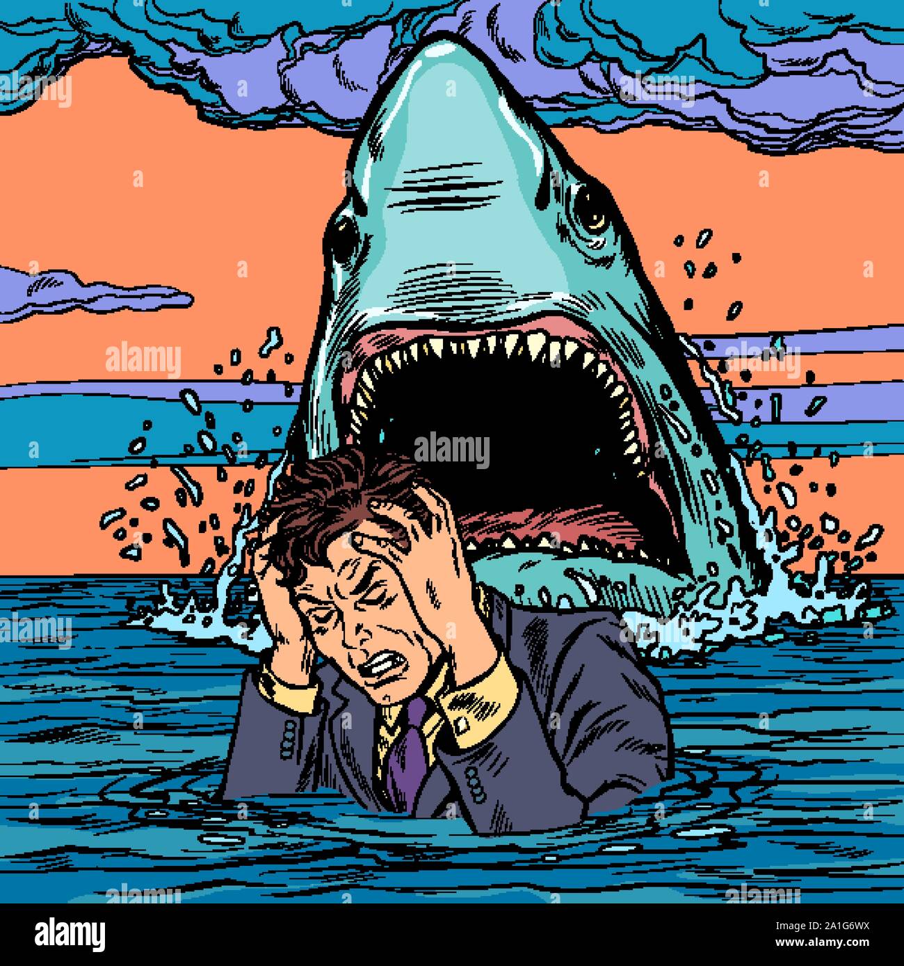 Lo squalo attacca l'uomo d'affari. L uomo ha paura. La Pop art retrò illustrazione vettoriale disegno Illustrazione Vettoriale