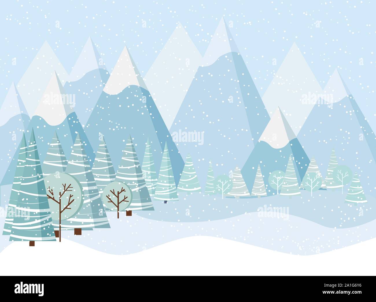 Splendido Natale paesaggio invernale sfondo con montagne, neve, alberi, abeti rossi in cartoon in stile appartamento. Illustrazione Vettoriale