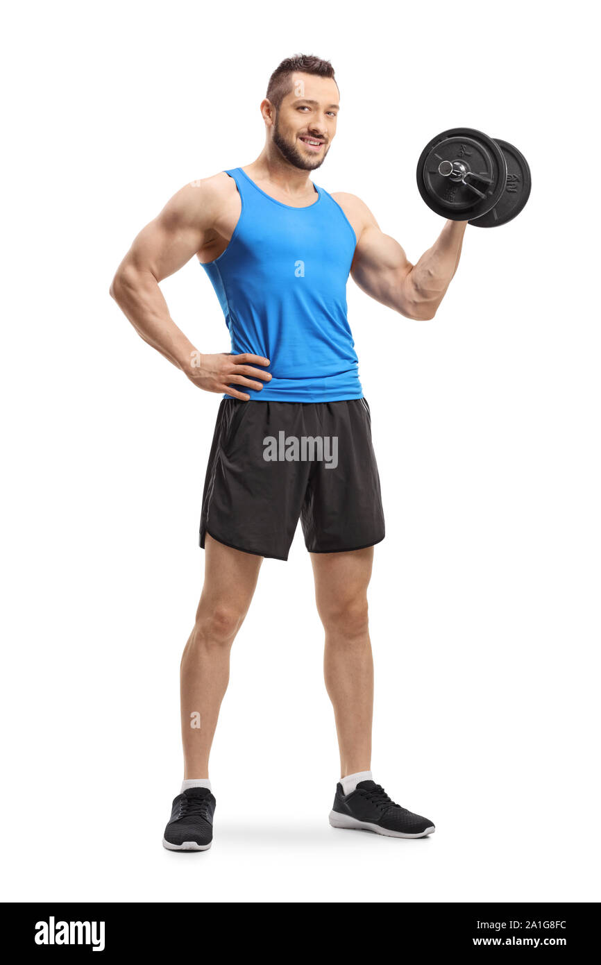 A piena lunghezza Ritratto di un uomo che esercitano il bodybuilding con un manubrio isolati su sfondo bianco Foto Stock