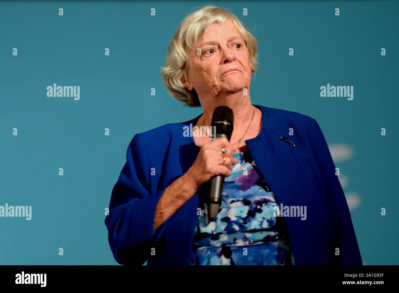 Ann Widdecombe MEP parlando a un partito Brexit al rally Kent Event Center nel suo ex circoscrizione parlamentare di Maidstone, Kent, Regno Unito. Il 26 settembre 2019. Foto Stock