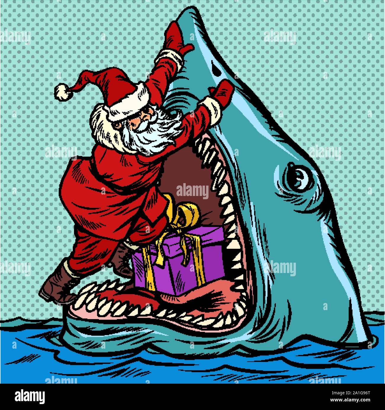 Santa Claus spinge il regalo di Natale nella bocca di squalo. La Pop art retrò illustrazione vettoriale kitsch disegno vintage Illustrazione Vettoriale