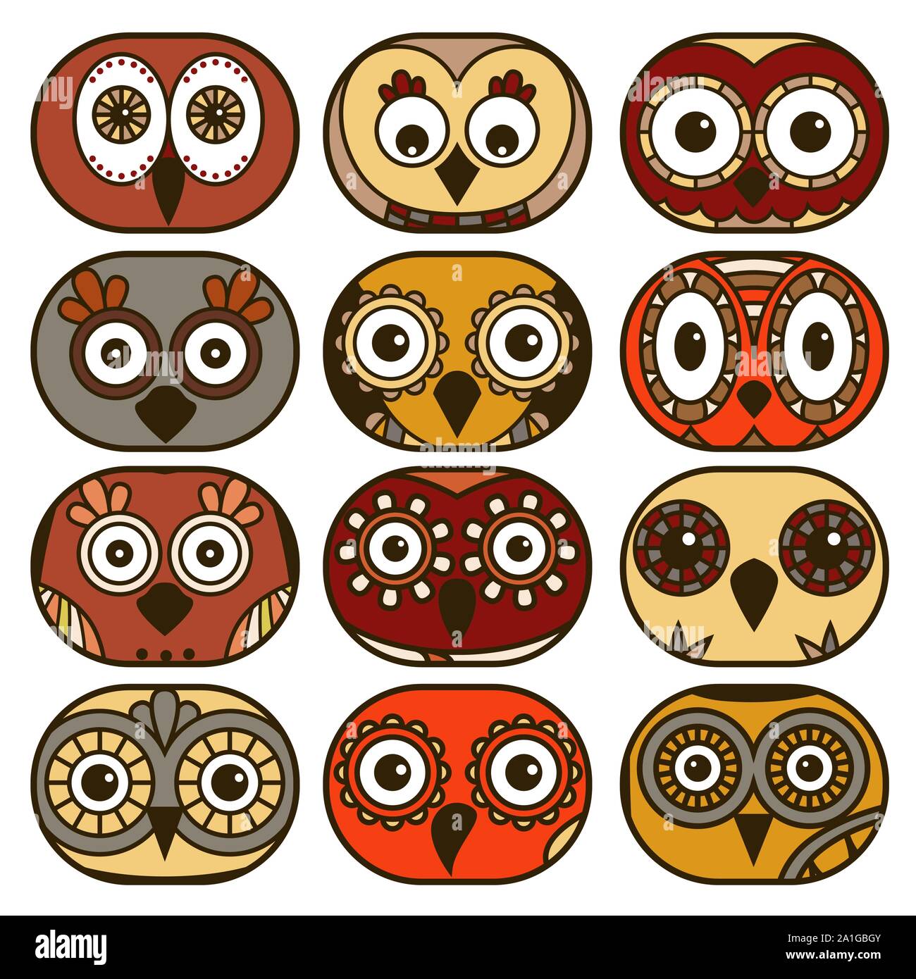 Set di dodici funny owl facce poste in forme ovali e isolate su uno sfondo bianco, cartoon illustrazione vettoriale come icone Illustrazione Vettoriale