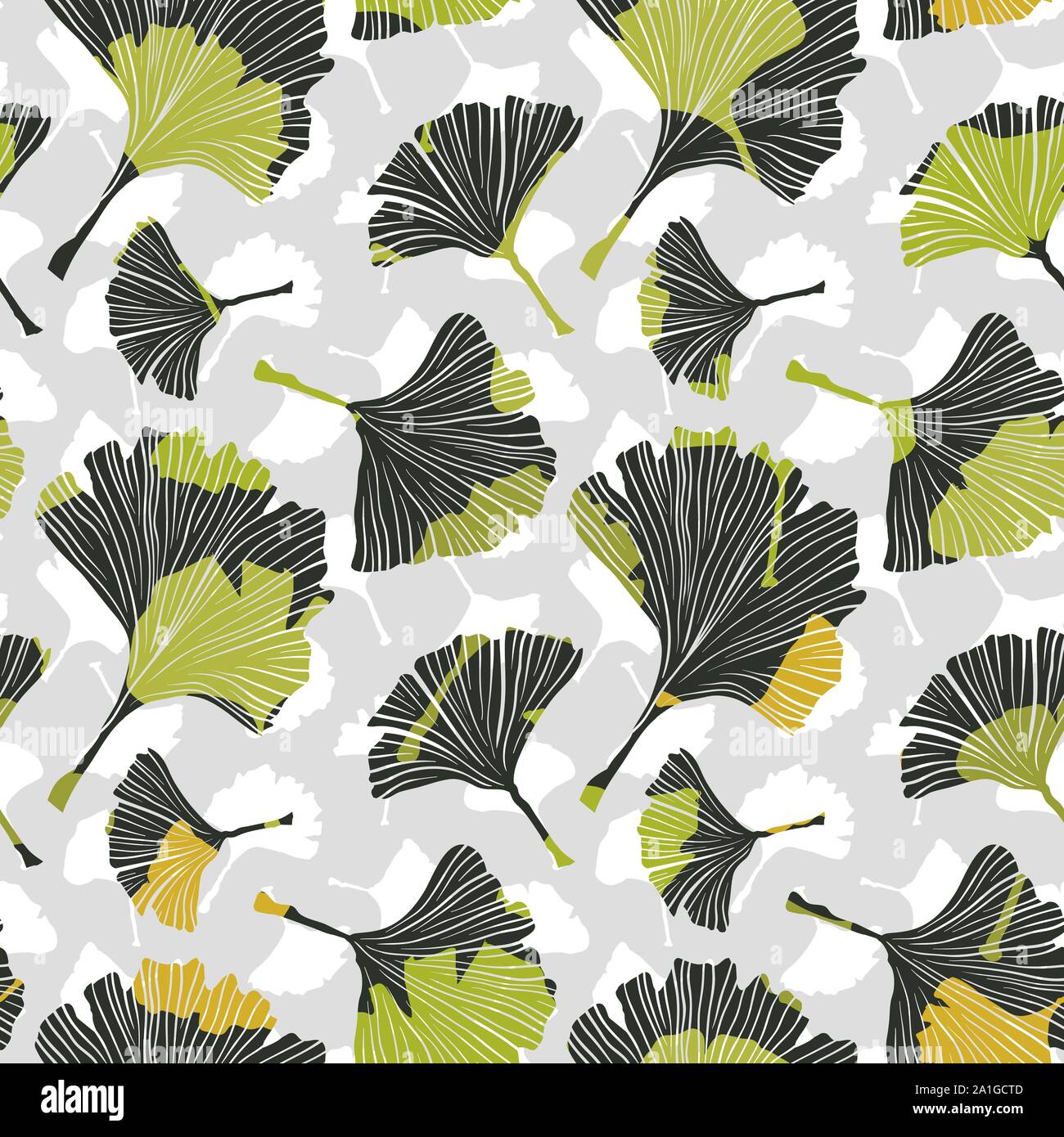 Il Ginkgo biloba tovaglia in foglia seamless pattern. Silhouette di foglie di ginkgo con veinlets bianco. Vettore isolato illustrazione. La natura del design. Illustrazione Vettoriale
