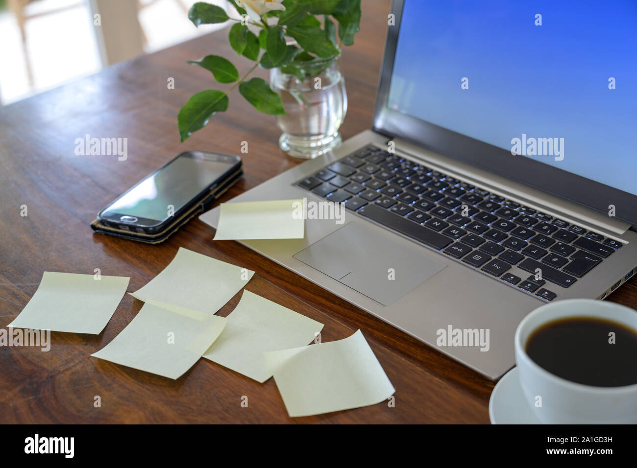 Scrivania in legno con computer portatili e molti blank sticky notes, concept per affari o per il privato home office, spazio copia selezionata, focus, esigua profondità di fiel Foto Stock