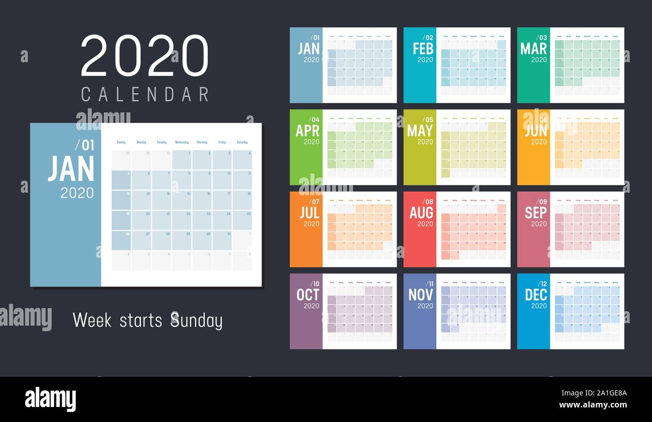 Anno 2020 minimalista colorato calendario mensile su sfondo nero. Settimana inizia Domenica. Template vettoriale. Illustrazione Vettoriale