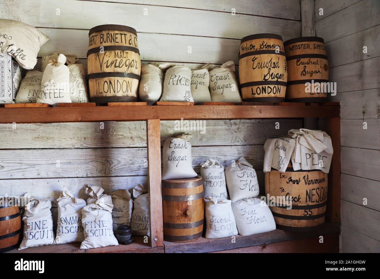 Negozio vecchio stile a Fort Nisqually a Tacoma, Washington Foto Stock