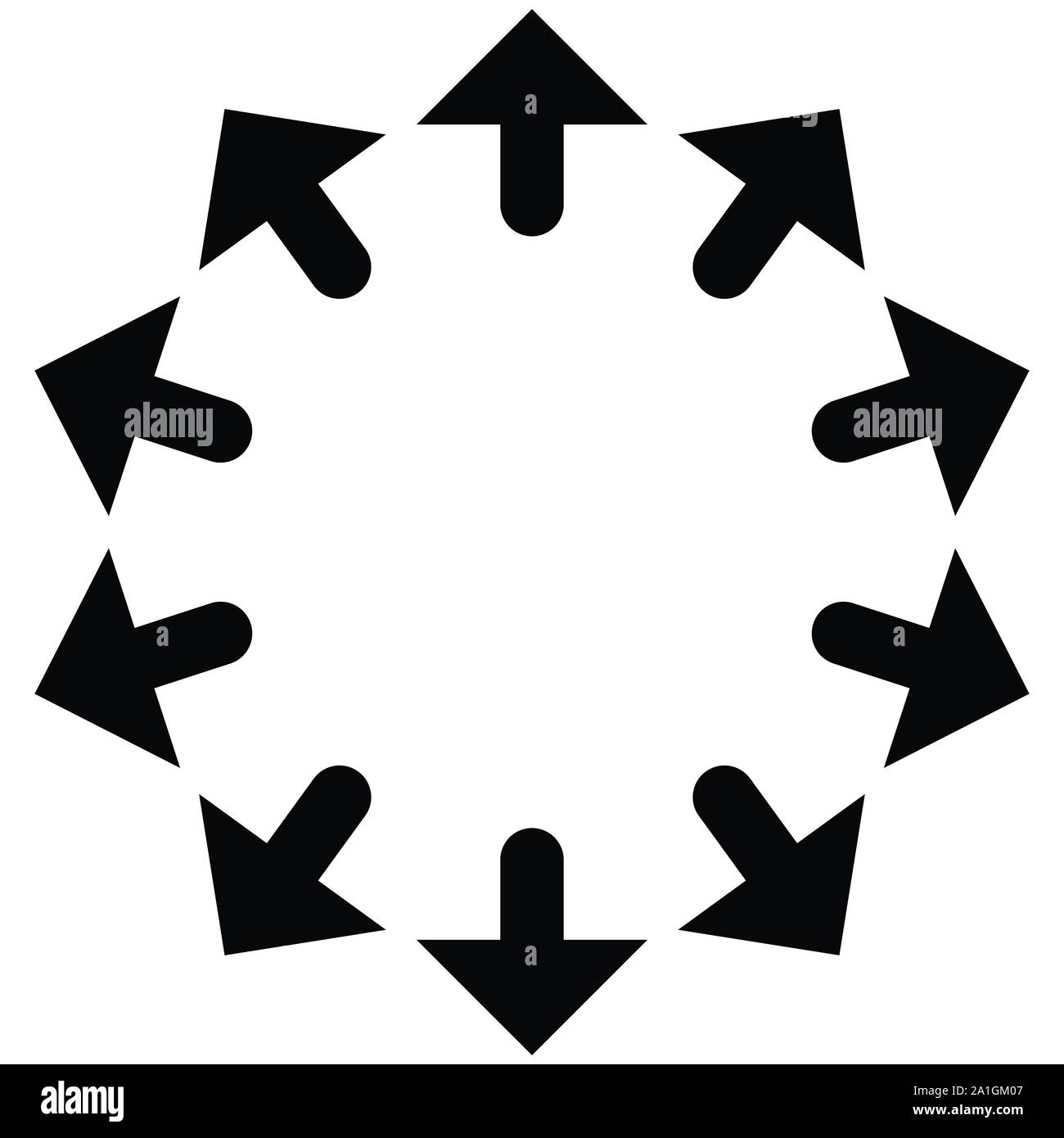 Radiale, frecce radianti per espandere, estendere i temi di esplosione. Divergono, concetto di allineamento dei puntatori circolare illustrazione. A raggiera rigonfiamento, estrusione Illustrazione Vettoriale