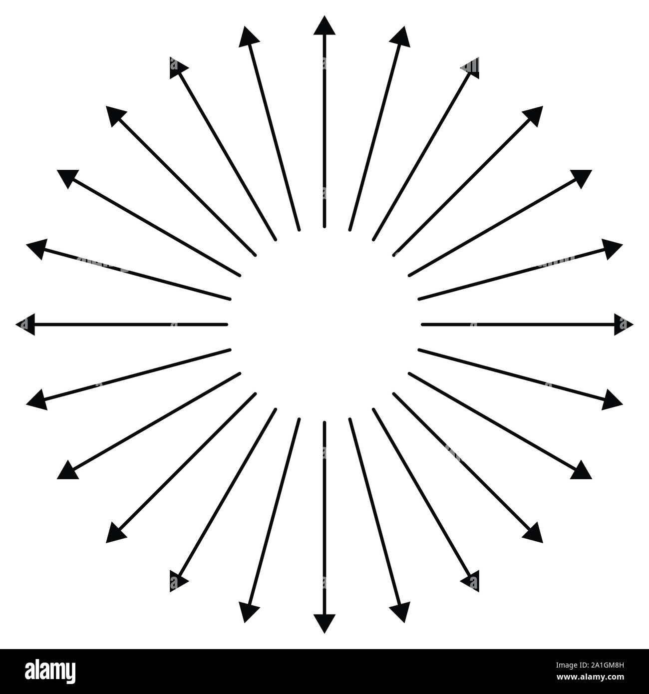 Radiale, frecce radianti per espandere, estendere i temi di esplosione. Divergono, concetto di allineamento dei puntatori circolare illustrazione. A raggiera rigonfiamento, estrusione Illustrazione Vettoriale