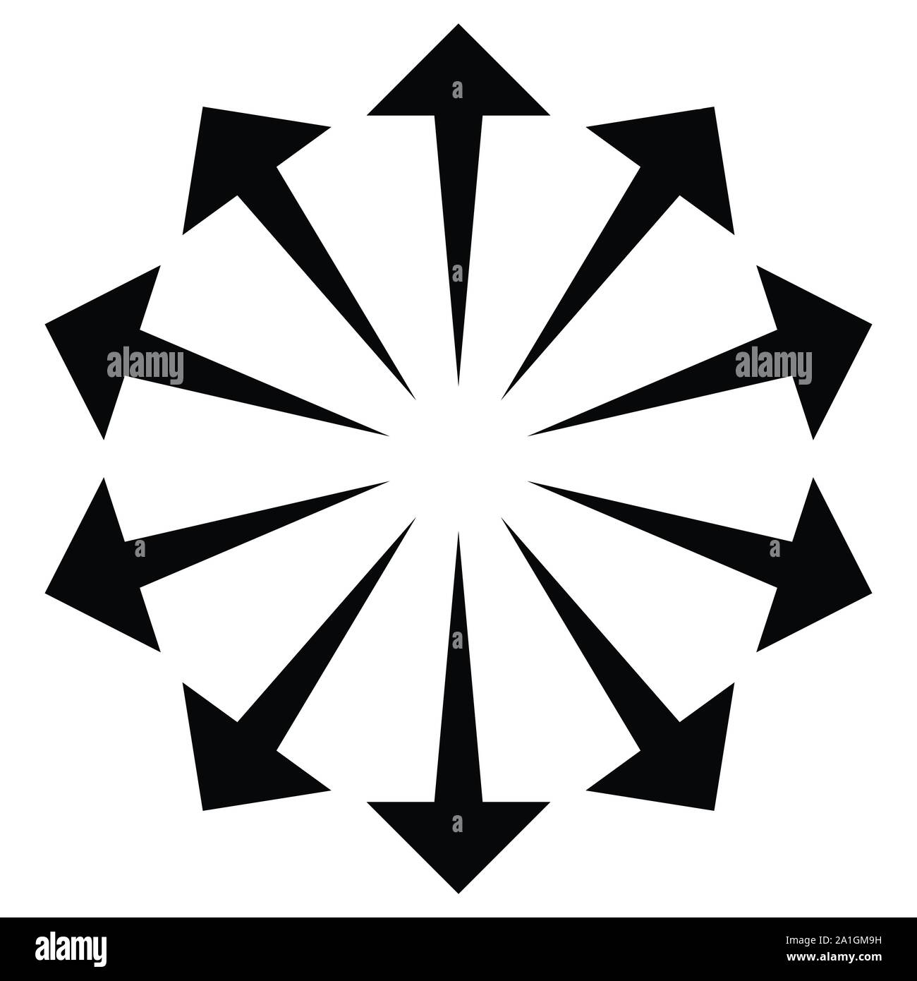 Radiale, frecce radianti per espandere, estendere i temi di esplosione. Divergono, concetto di allineamento dei puntatori circolare illustrazione. A raggiera rigonfiamento, estrusione Illustrazione Vettoriale