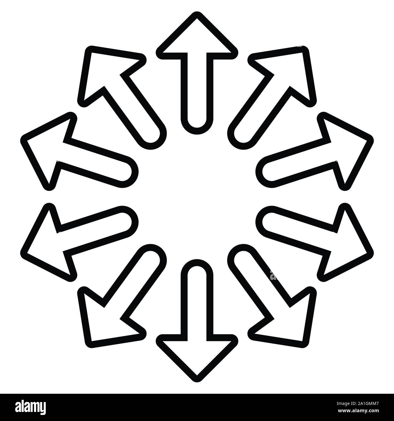Radiale, frecce radianti per espandere, estendere i temi di esplosione. Divergono, concetto di allineamento dei puntatori circolare illustrazione. A raggiera rigonfiamento, estrusione Illustrazione Vettoriale
