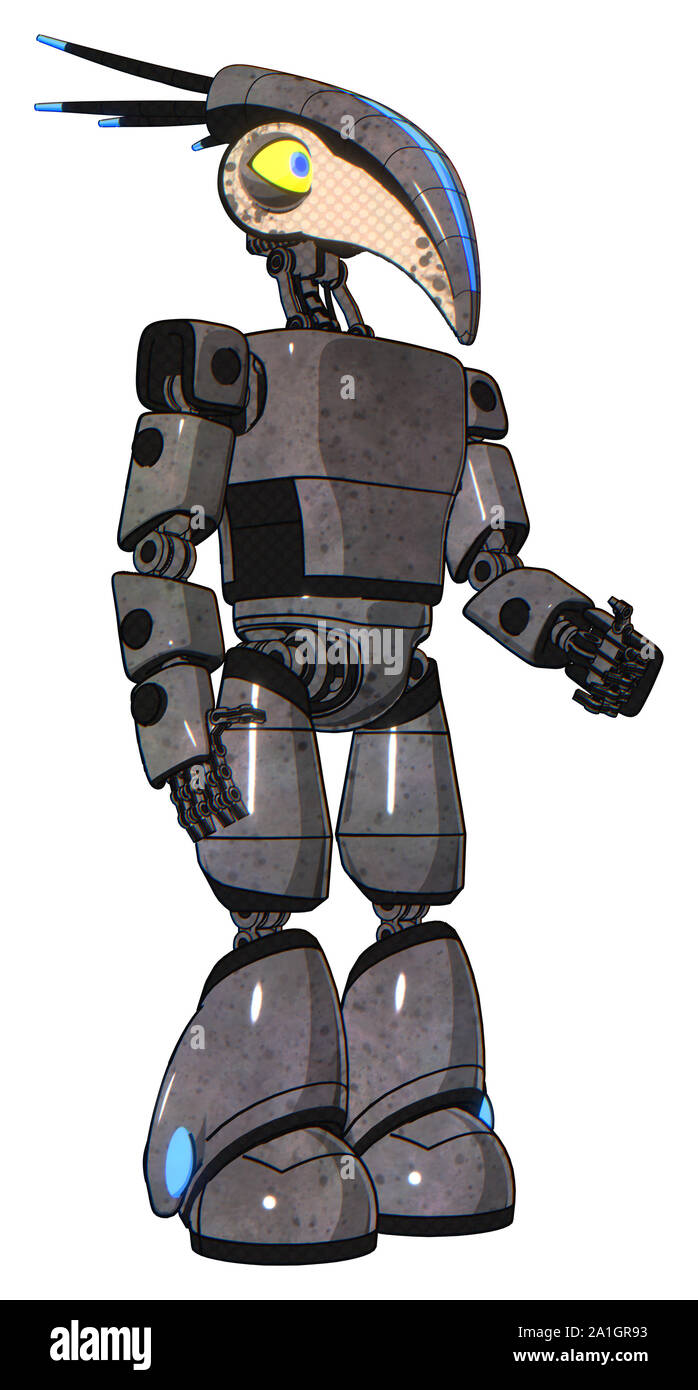 Robot contenente elementi: bird cranio testa, grandi occhi gialli, riparo testa design, luce exoshielding torace, prototipo exoplate torace, luce exoshie gamba Foto Stock