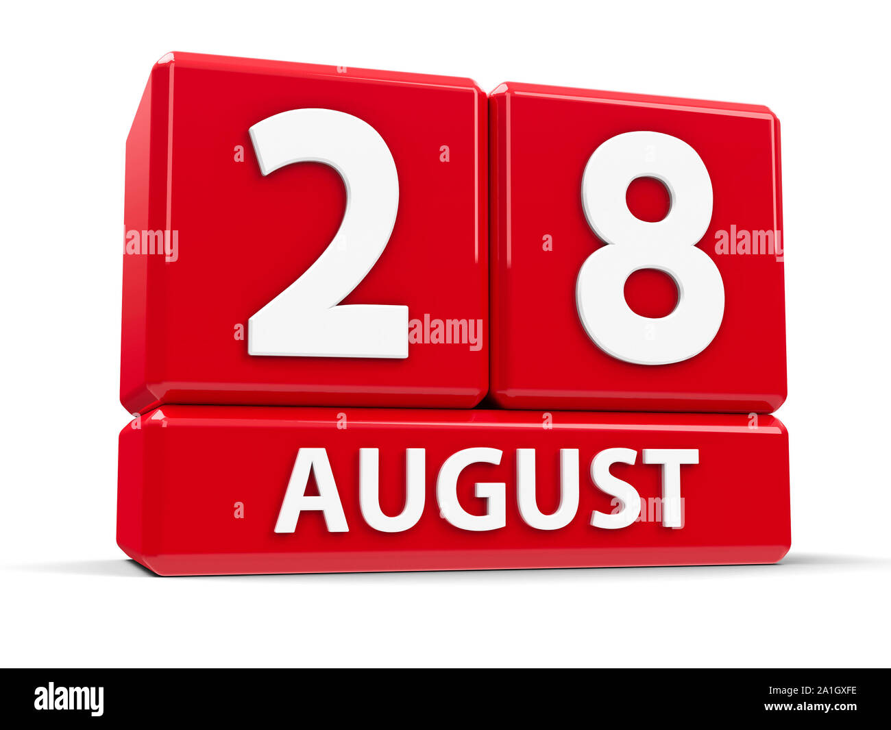 Cubi rossi - Venti ottavo del mese di agosto - su un tavolo bianco, tridimensionale, rendering 3D illustrazione Foto Stock