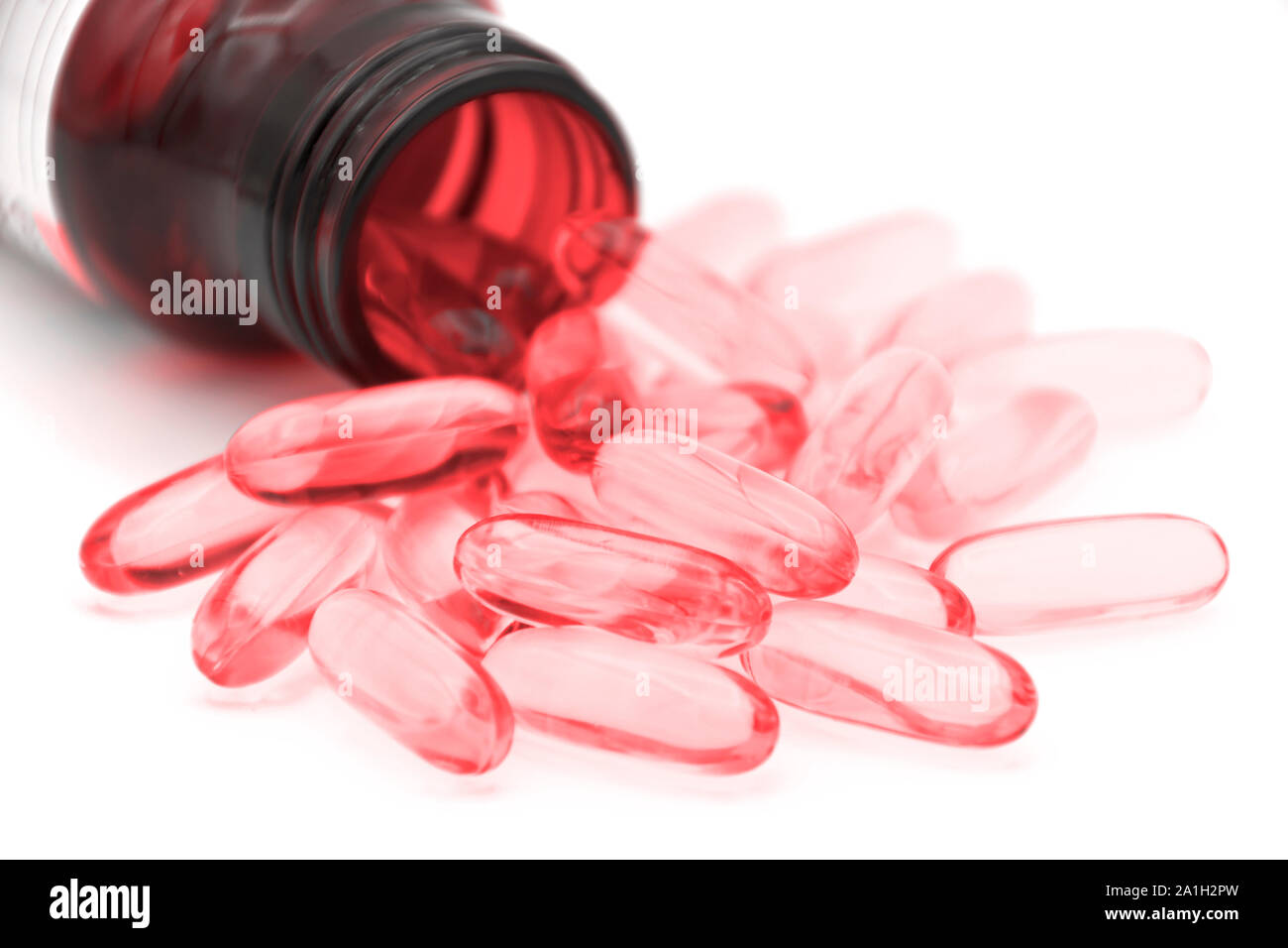 Capsule di gelatina molle utilizzate nella produzione farmaceutica per contenere il farmaco oleoso e supplemento nutrizionale come la vitamina A, e olio di pesce, olio di primula, r Foto Stock