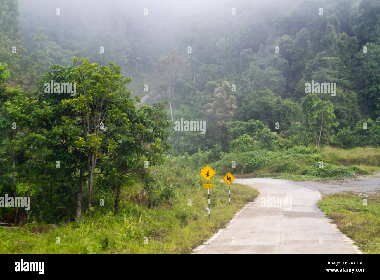 Un aspalt strada prosegue nel cuore della giungla tropicale nel Sarawak Malaysia Foto Stock