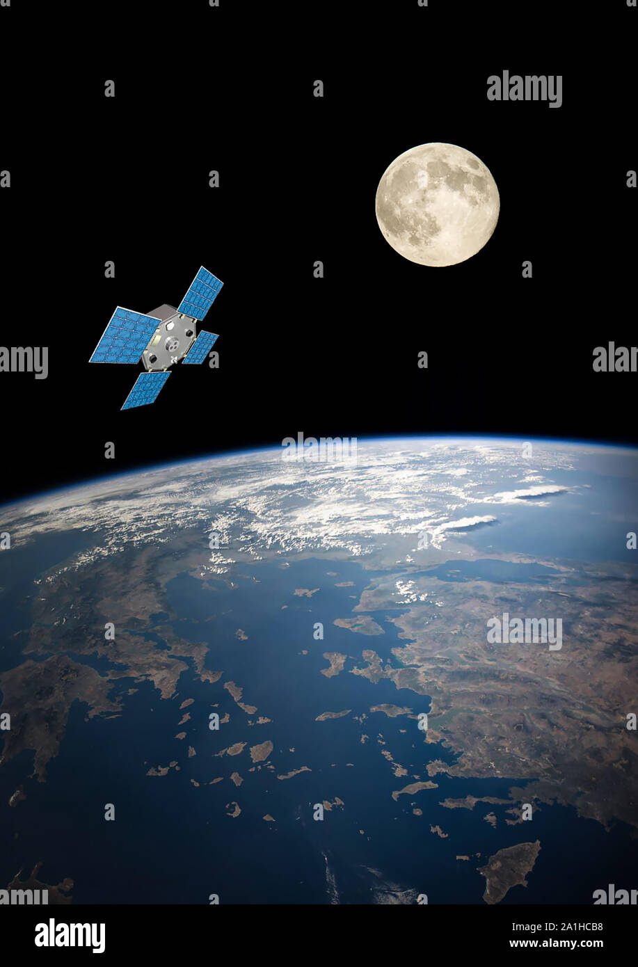 La terra con la luna piena e satellite, gli elementi di questa immagine fornita dalla NASA Foto Stock