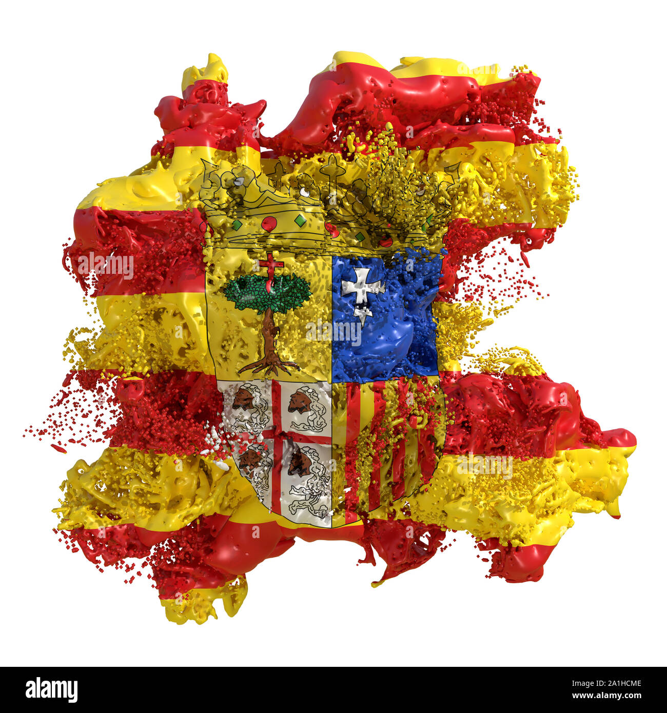 3D rendering di un Aragon comunità spagnola bandiera in un fluido liquido. Isolato su sfondo bianco Foto Stock