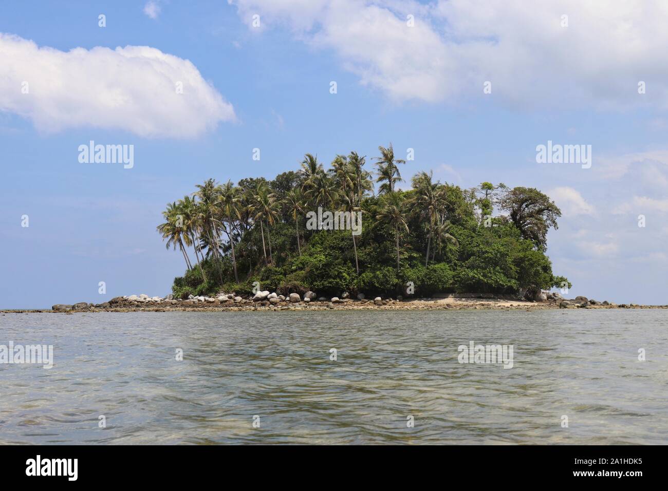 Isola tropicale con palme in un oceano, pittoresca vista da un acqua calma. Seascape colorato con cielo blu e nuvole bianche, vacanza in paradiso Foto Stock