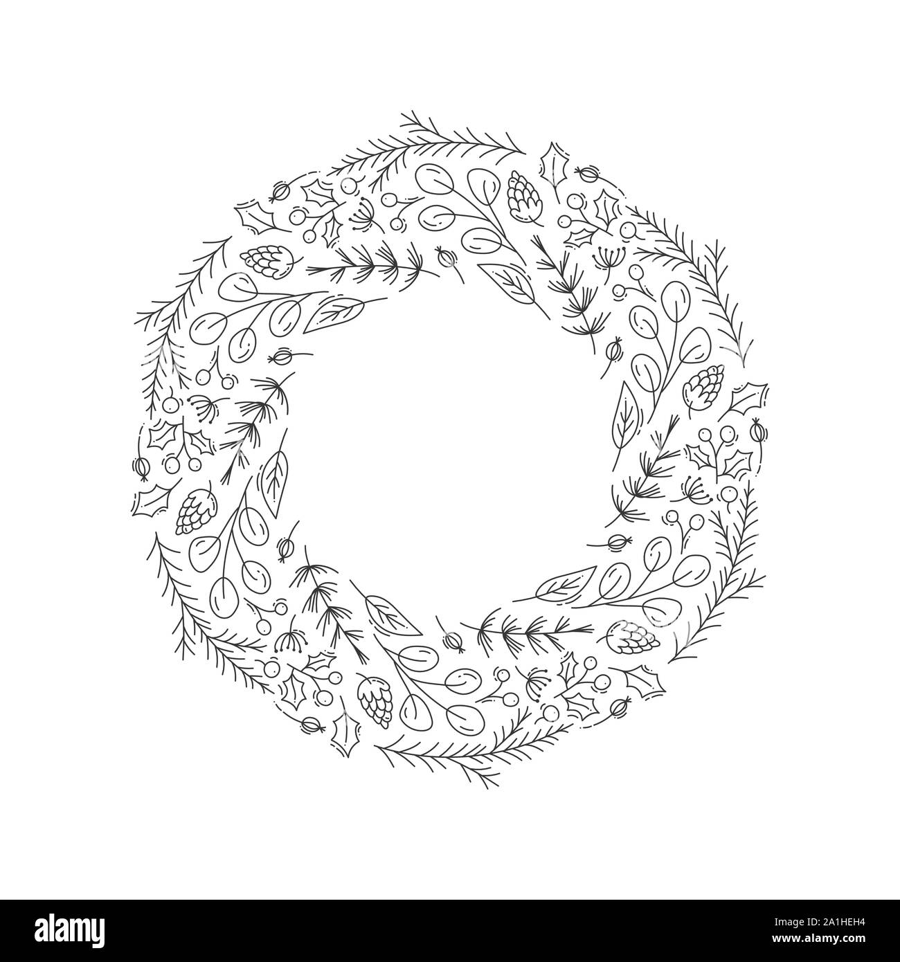 Ghirlanda di Natale con monolinea doodle elementi con posto per il vostro testo. Disegnata a mano illustrazione vettoriale per biglietto di auguri, poster, web Illustrazione Vettoriale