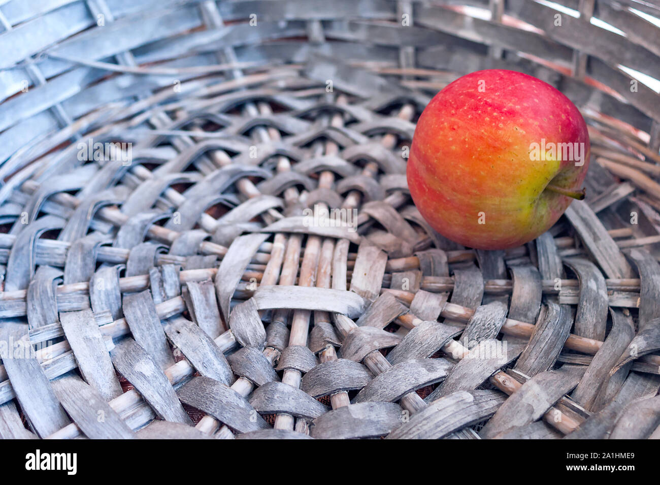 Unico Red Apple in grigio di un cesto in vimini. Copia dello spazio. Foto Stock