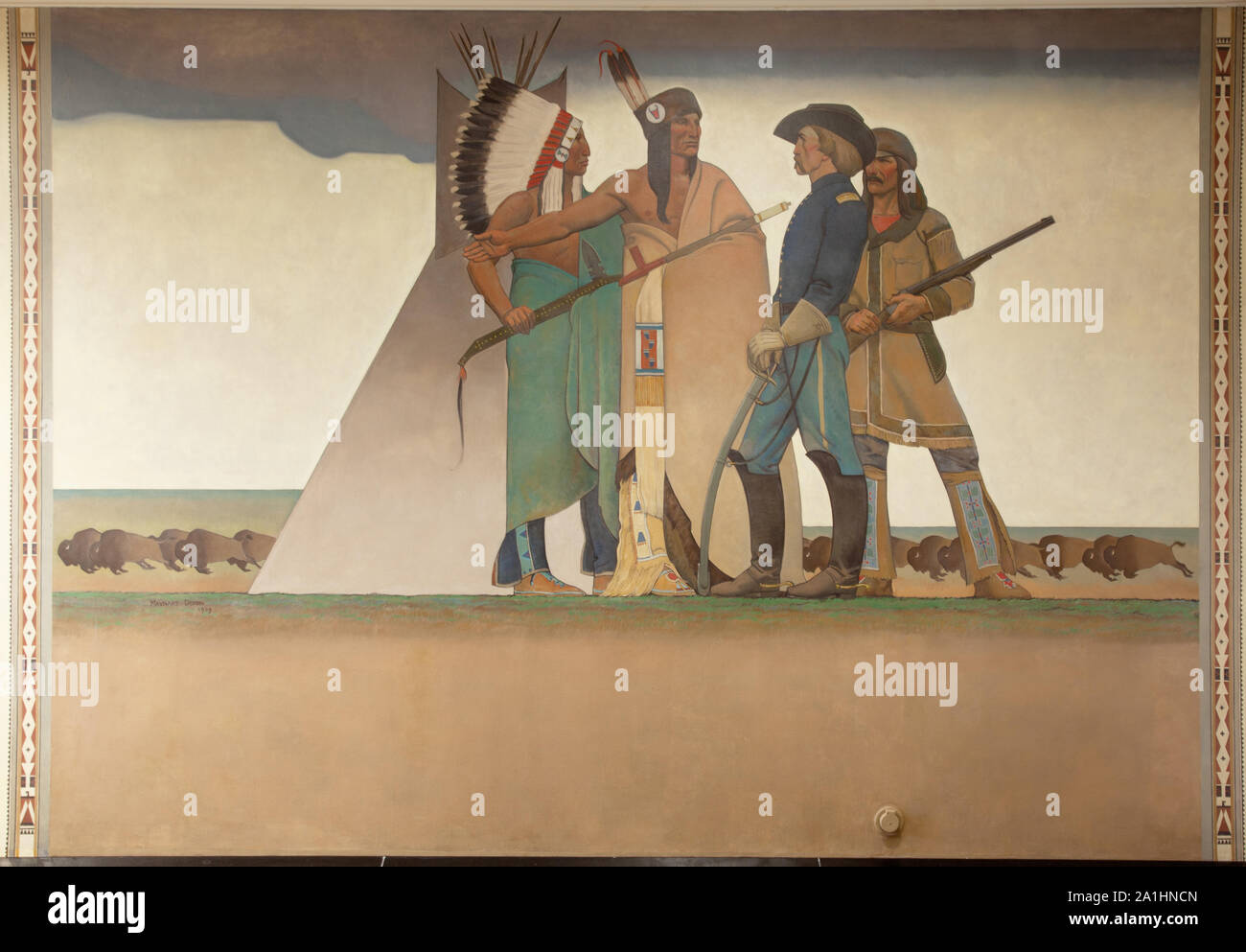 Murale Bureau of Indian Affairs: Indiani & soldato, da Maynard Dixon presso il Dipartimento dell'interno edificio, Washington, D.C. Foto Stock