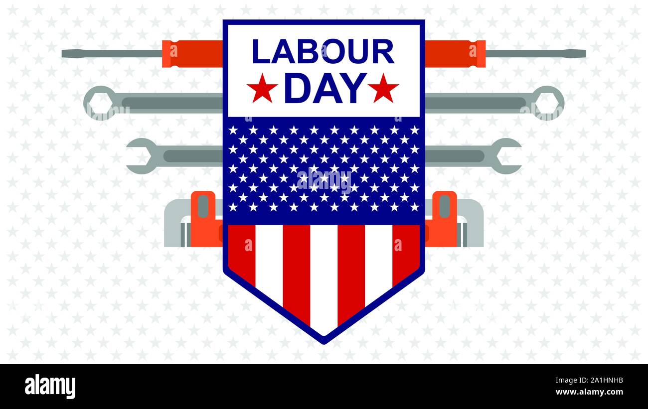 Stati Uniti d'America o American Labor Day banner con cacciavite, chiave e la chiave a tubo Illustrazione Vettoriale