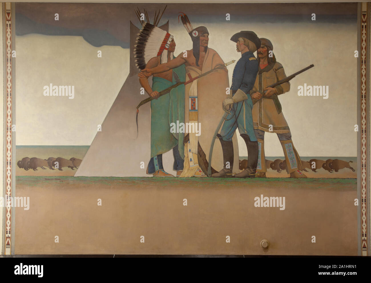 Murale: Ufficio per gli affari indiani ha: Indiani & soldato, da Maynard Dixon presso il Ministero degli Interni, Washington, D.C. Foto Stock