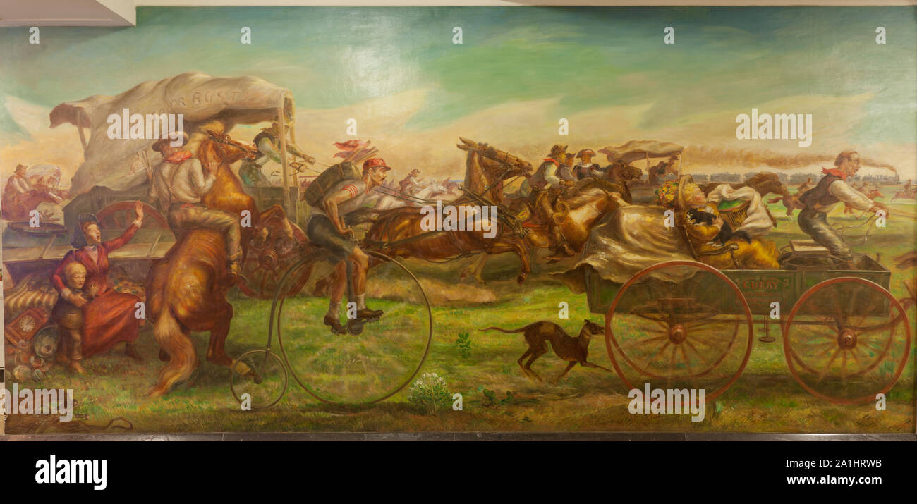 Murale: Oklahoma Land Rush, 22 Aprile 1889 da John Steuart Curry presso il Ministero degli Interni, Washington, D.C. Foto Stock