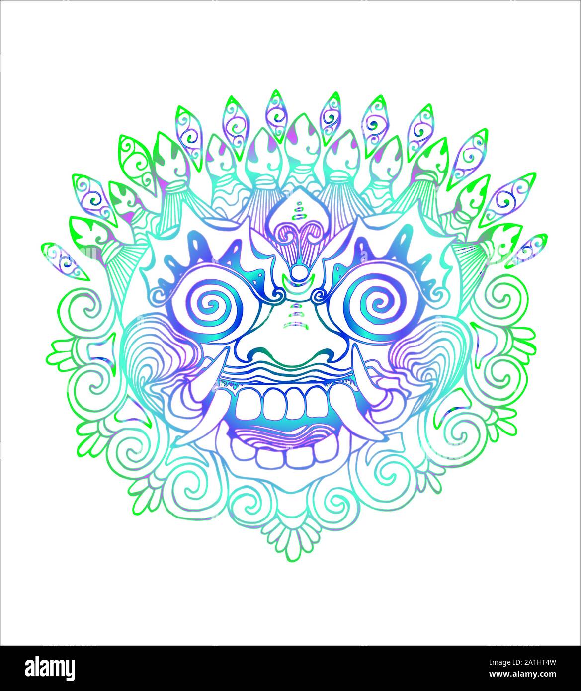 Illustrazione a colori di una maschera Thai. Neon di disegno della divinità orientale Illustrazione Vettoriale