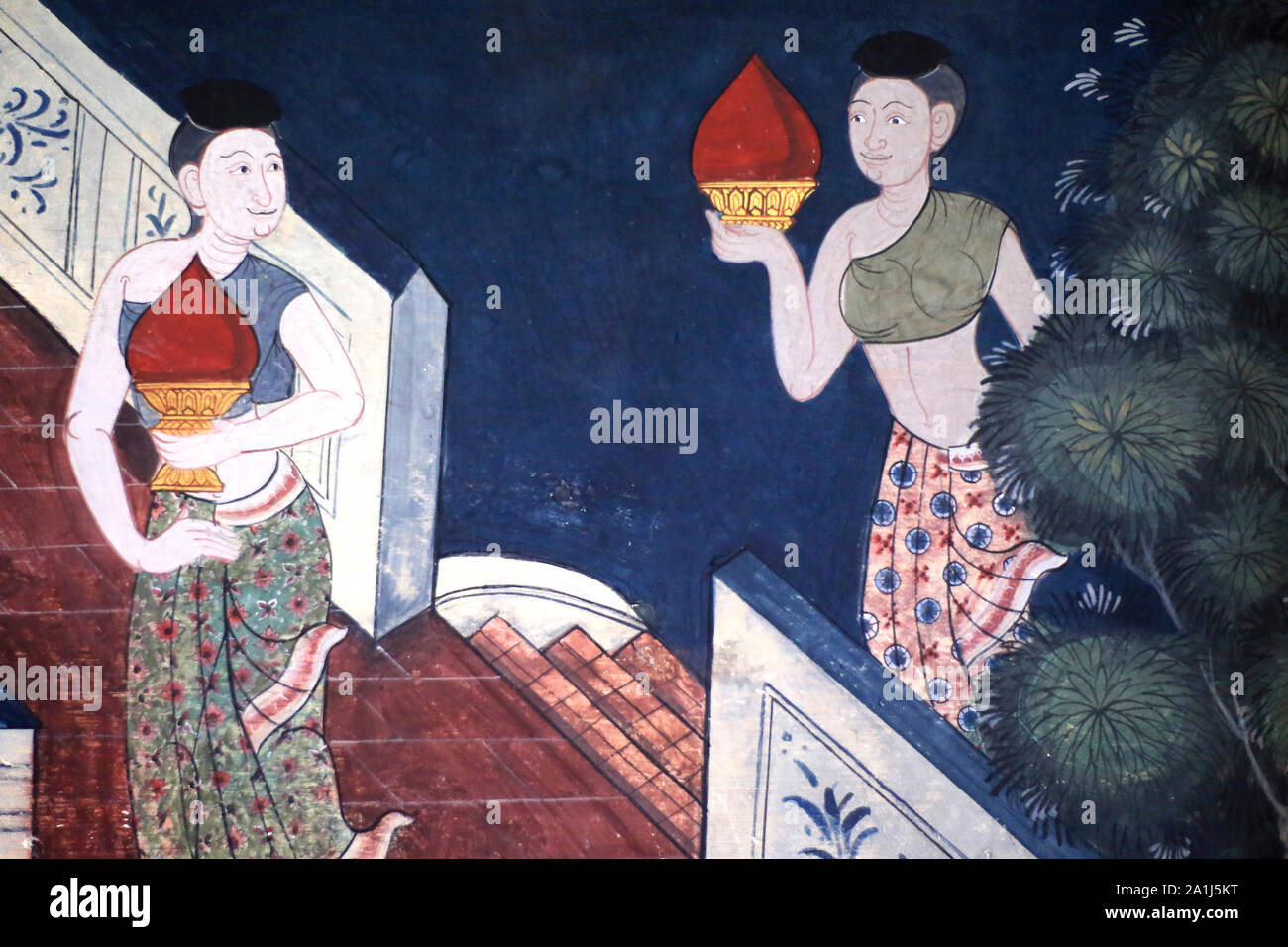 Fresque murale sur les Murs intérieurs du Vihara datant de l'époque du Roi Rama III et représentant le Ramakian. Wat Pho - il Wat Phra Chettuphon. Bangko Foto Stock