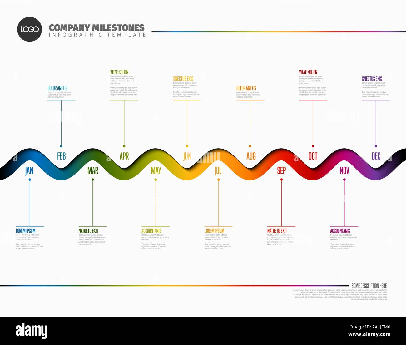 Anno intero modello timeline con tutti i mesi su un piano orizzontale di rainbow curvi linea di tempo Illustrazione Vettoriale