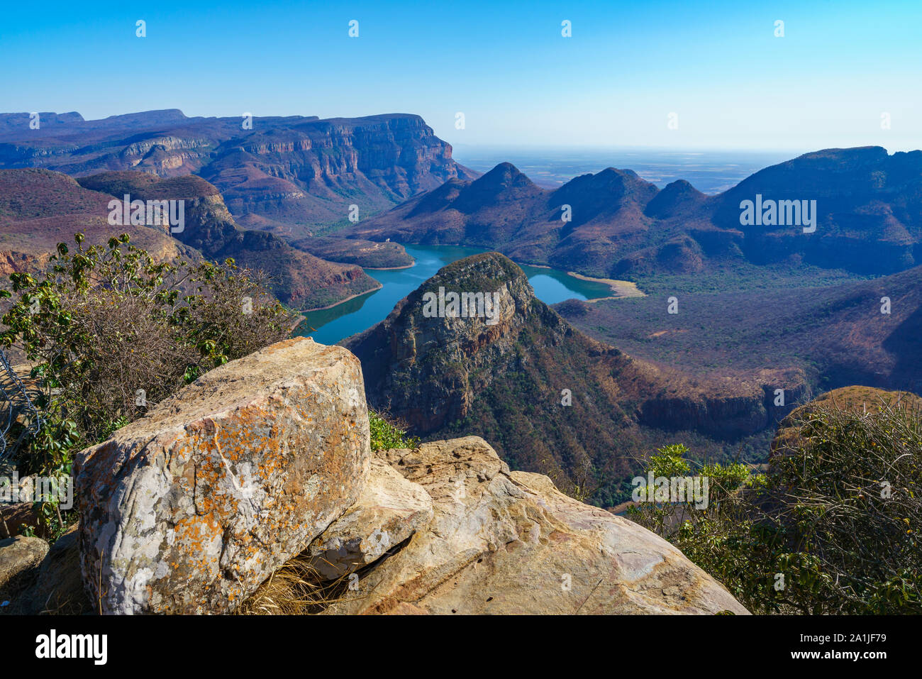 La spettacolare vista delle tre rondavels e il fiume blyde canyon in Sud Africa Foto Stock