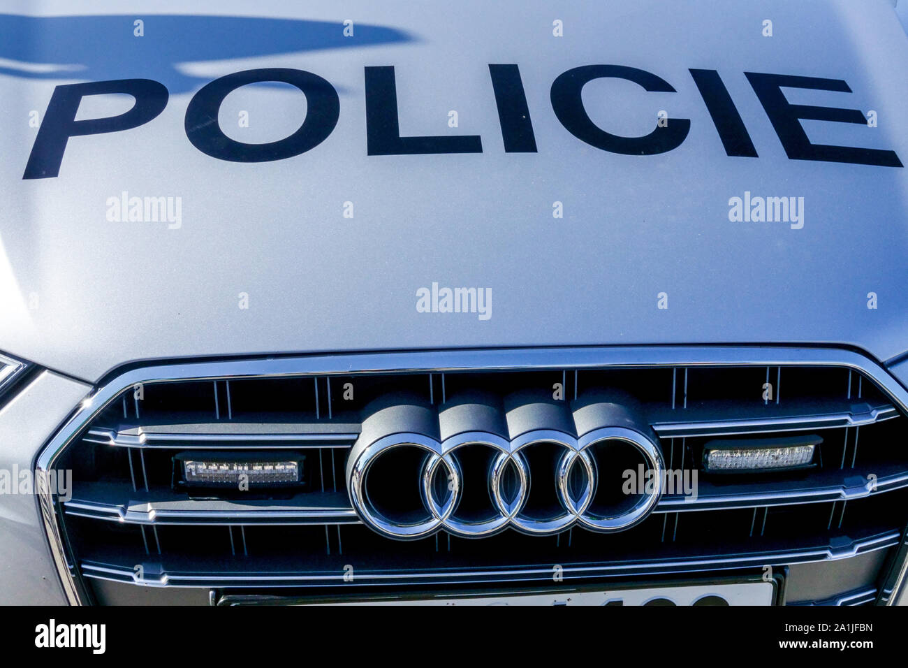 Ceca auto della polizia, griglia anteriore auto Audi, Repubblica Ceca Foto Stock