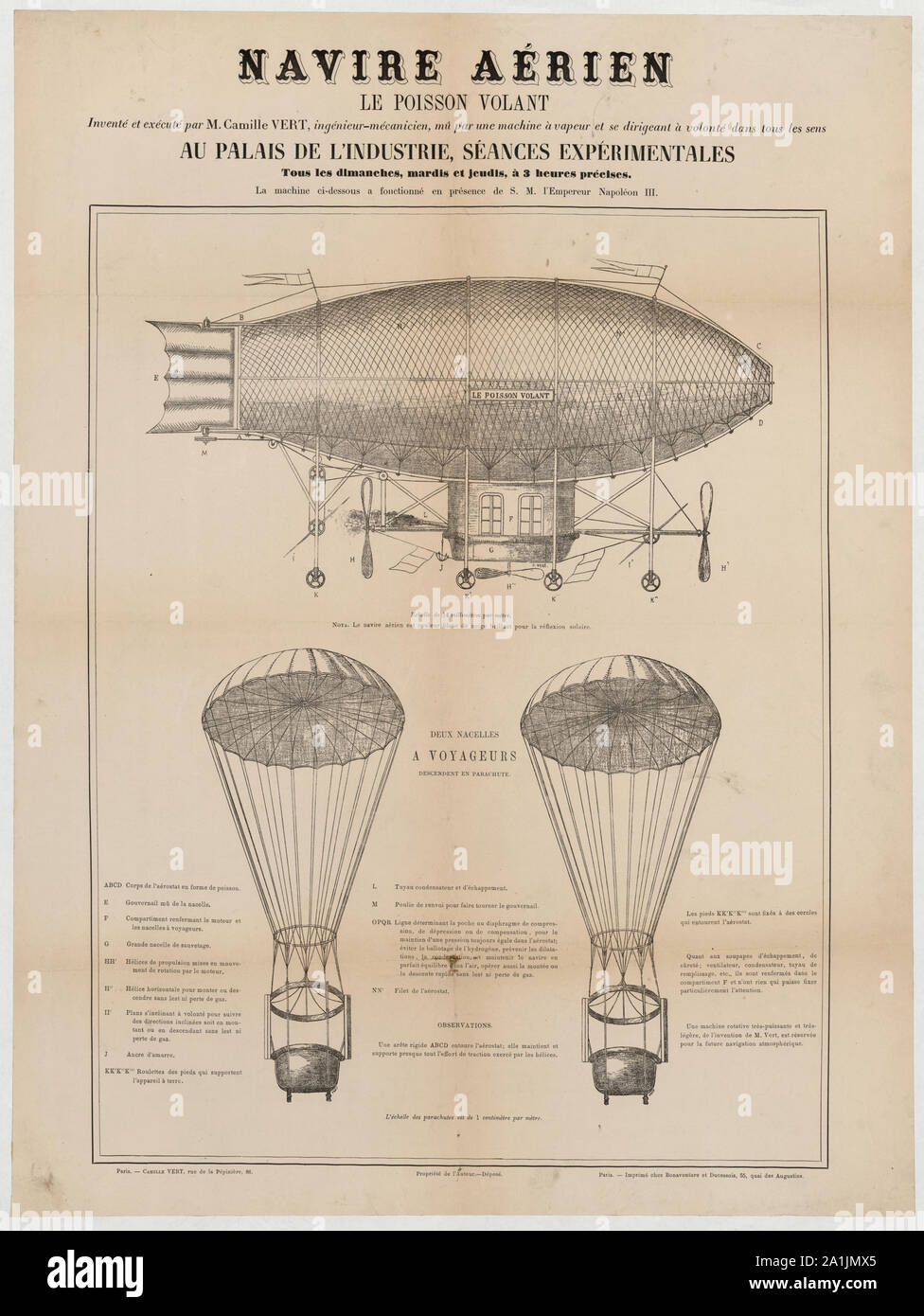 Navire aérien, le volant di Poisson, inventé et exécuté par M. Camille Vert, ingénieur-meccanico; costeggiata annunciando la mostra presso il Palais de l'industrie, séances expérimentales a Parigi di una a forma di pesce, steam-powered dirigibile progettato da Camille Vert. Le funzioni di disegno di progettazione del dirigibile, dotato di due eliche e due paracaduti. (Fonte: A.G. Renstrom, LC personale, 1981-1982.); Foto Stock